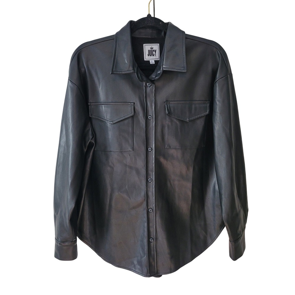 Juicy by Juicy Couture Large Faux Leather Shacket Black Button Front‎ Jacket